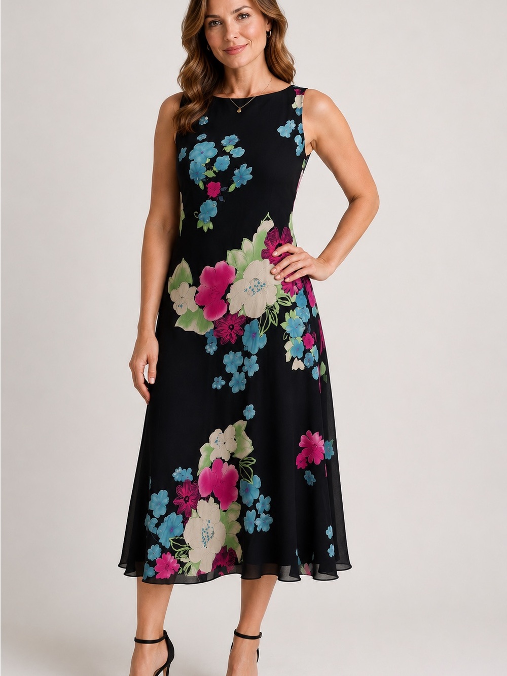 Jones New York 100% Silk Watercolor Floral MIDI Dress Fully Lined